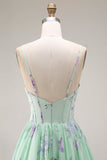 Blauwe Roze Bloem A-lijn Corset Korset Spaghetti Bandjes Chiffon Lange Galajurk