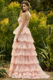 Strapless gelaagde ruches A Line Blush Corset pailletten lange galajurk met split