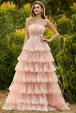 Strapless gelaagde ruches A Line Blush Corset pailletten lange galajurk met split