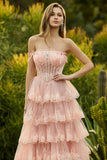 Strapless gelaagde ruches A Line Blush Corset pailletten lange galajurk met split