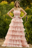 Strapless gelaagde ruches A Line Blush Corset pailletten lange galajurk met split