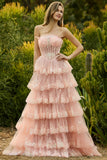Strapless gelaagde ruches A Line Blush Corset pailletten lange galajurk met split