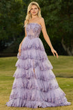 Strapless gelaagde ruches A Line Blush Corset pailletten lange galajurk met split