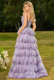 Strapless gelaagde ruches A Line Blush Corset pailletten lange galajurk met split