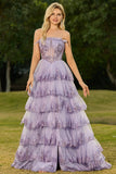 Strapless gelaagde ruches A Line Blush Corset pailletten lange galajurk met split