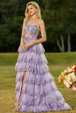 Strapless gelaagde ruches A Line Blush Corset pailletten lange galajurk met split
