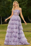 Strapless gelaagde ruches A Line Blush Corset pailletten lange galajurk met split