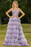 Strapless gelaagde ruches A Line Blush Corset pailletten lange galajurk met split