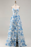 Witblauwe bloemen strapless A Line Corset Gelaagde Ruffle Lange Galajurk met split