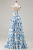Witblauwe bloemen strapless A Line Corset Gelaagde Ruffle Lange Galajurk met split