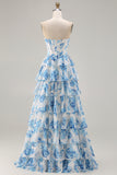 Witte roze bloemen A Line strapless korset met gelaagde ruches lange galajurk met split