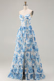 Witte roze bloemen A Line strapless korset met gelaagde ruches lange galajurk met split