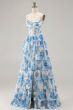 Witblauwe bloemen strapless A Line Corset Gelaagde Ruffle Lange Galajurk met split