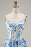 Witte roze bloemen A Line strapless korset met gelaagde ruches lange galajurk met split