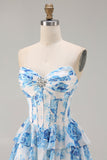 Witblauwe bloemen strapless A Line Corset Gelaagde Ruffle Lange Galajurk met split