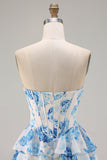 Witblauwe bloemen strapless A Line Corset Gelaagde Ruffle Lange Galajurk met split