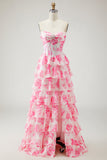 Witblauwe bloemen strapless A Line Corset Gelaagde Ruffle Lange Galajurk met split