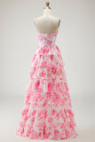 Witblauwe bloemen strapless A Line Corset Gelaagde Ruffle Lange Galajurk met split