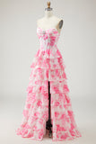 Witblauwe bloemen strapless A Line Corset Gelaagde Ruffle Lange Galajurk met split