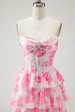 Witblauwe bloemen strapless A Line Corset Gelaagde Ruffle Lange Galajurk met split