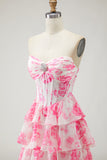 Witblauwe bloemen strapless A Line Corset Gelaagde Ruffle Lange Galajurk met split