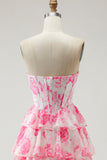 Witblauwe bloemen strapless A Line Corset Gelaagde Ruffle Lange Galajurk met split