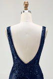 Sprankelende marineblauwe zeemeermin pailletten V-hals open rug lange galajurk met split