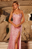 Glinsterende roze pailletten zeemeermin veter op de rug lange galajurk met split