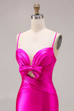 Fuchsia zeemeermin uitgesneden satijn geplooide lange galajurk met strik en split