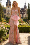 Strapless parillettenbezette bloemenjurk met lange gala, strik op de heup en een split in de rok