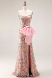 Strapless parillettenbezette bloemenjurk met lange gala, strik op de heup en een split in de rok