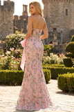 Strapless parillettenbezette bloemenjurk met lange gala, strik op de heup en een split in de rok