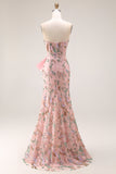 Strapless parillettenbezette bloemenjurk met lange gala, strik op de heup en een split in de rok