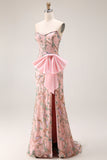 Strapless parillettenbezette bloemenjurk met lange gala, strik op de heup en een split in de rok