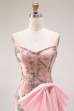 Strapless parillettenbezette bloemenjurk met lange gala, strik op de heup en een split in de rok