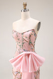 Strapless parillettenbezette bloemenjurk met lange gala, strik op de heup en een split in de rok