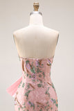 Strapless parillettenbezette bloemenjurk met lange gala, strik op de heup en een split in de rok
