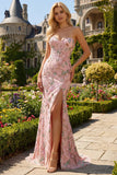 Strapless bloemenkorsetkorsetlijfje met een nauwsluitende lange galajurk met roksplit