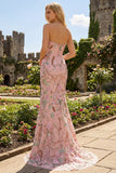 Strapless bloemenkorsetkorsetlijfje met een nauwsluitende lange galajurk met roksplit