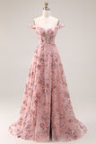 Paarse off-the-shoulder bloemen pailletten lange galajurk met split