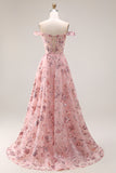 Paarse off-the-shoulder bloemen pailletten lange galajurk met split