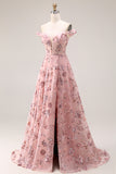 Paarse off-the-shoulder bloemen pailletten lange galajurk met split