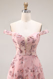 Paarse off-the-shoulder bloemen pailletten lange galajurk met split
