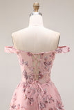 Paarse off-the-shoulder bloemen pailletten lange galajurk met split