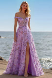 Paarse off-the-shoulder bloemen pailletten lange galajurk met split