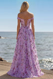 Paarse off-the-shoulder bloemen pailletten lange galajurk met split