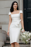 Ivoorkleurige bodycon midi-trouwjurk met vierkante hals