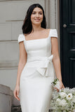 Ivoorkleurige bodycon midi-trouwjurk met vierkante hals