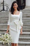 Ivoorkleurige Bodycon Midi trouwjurk met vierkante hals en mouwen