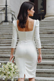 Ivoorkleurige Bodycon Midi trouwjurk met vierkante hals en mouwen